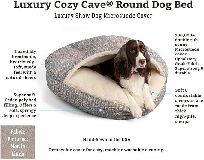 Snoozer Luxury Cozy Cave Dog Bed - Indoor Dog Bed with Cover Cave, Covered Calming Burrow for Small & Medium Sized Pets with Blanket Attached, Enclosed, Washable - Large, Merlin Linen