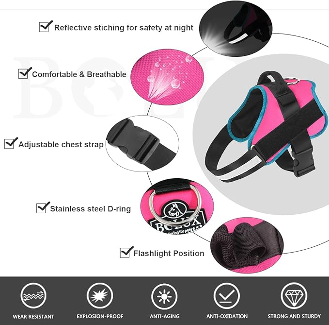 Bolux Dog Harness, No-Pull Reflective Dog Vest, Breathable Adjustable Pet Harness with Handle for Outdoor Walking - No More Pulling, Tugging or Choking Large (Pack of 1) RoseTurquoise
