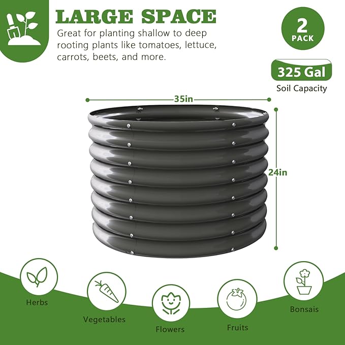 A ANLEOLIFE 2-Pack 3ft x 24” Tall Galvanized Raised Garden Beds Outdoor, Round Metal Planter Box for Planting Vegetables Flowers Herb, Anti-Rust & Easy-Setup, Quartz Grey