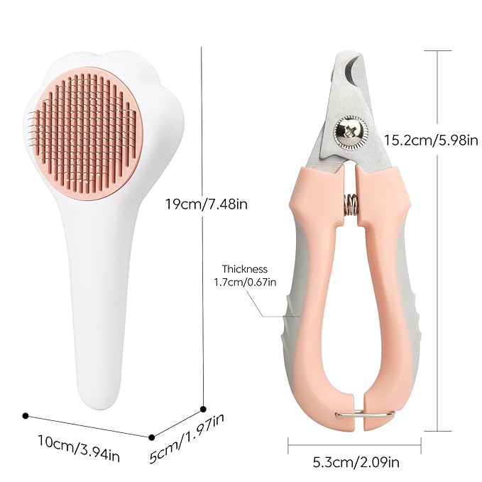 Self-Cleaning Cat Brush with Cat Nail Clipper 2-Pieces Set, Daily Cleaning Grooming Kit for Small and Medium-sized Dogs and Cats, Designed to Remove Shedding Fur and Trim Sharp Claws of Your Pets