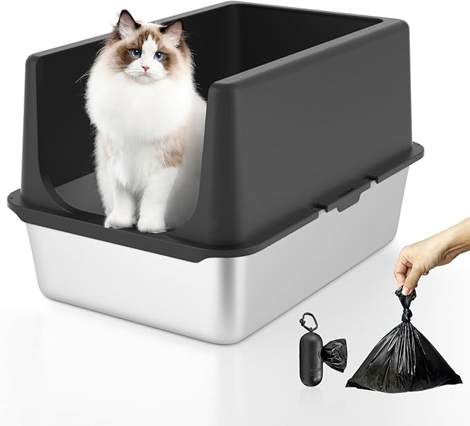 Stainless Steel Litter Box, Large Litter Box with Lid, Splash Proof, or Rusts, Black (23.5" L x 15.5" W x 14" H)