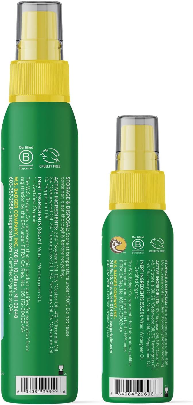 Badger Bug Spray, Family Friendly All Natural Mosquito Repellent w/Organic Essential Oils, Great Smelling Citronella Spray, Effective for 3 Hours, Combo 2-Pack 4 fl oz + 2.7 fl oz