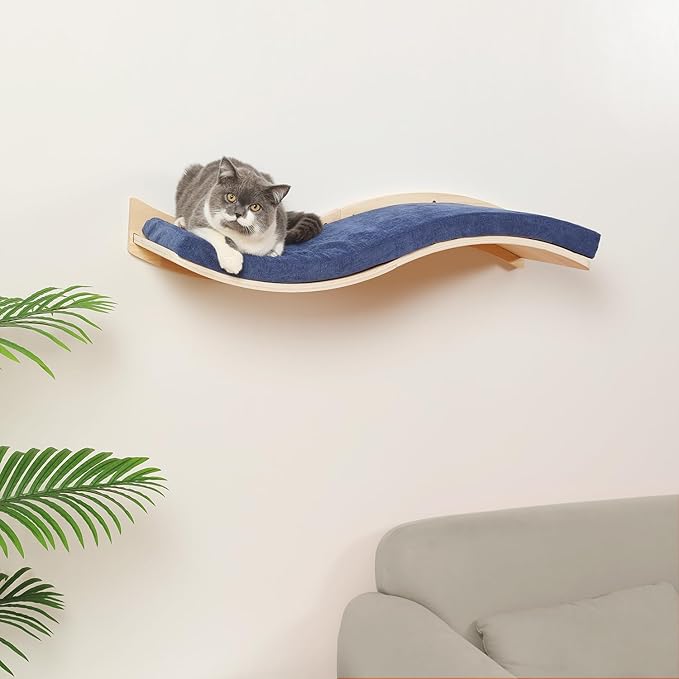 Cat Wall Shelves for Large Cats - Wall Mounted Furniture with Comfortable Cushion, Perfect Perch and Bed for Multi-Cat Households - 35 inch Wavy Shelf for Climbing, Playing, Resting, and Lounging