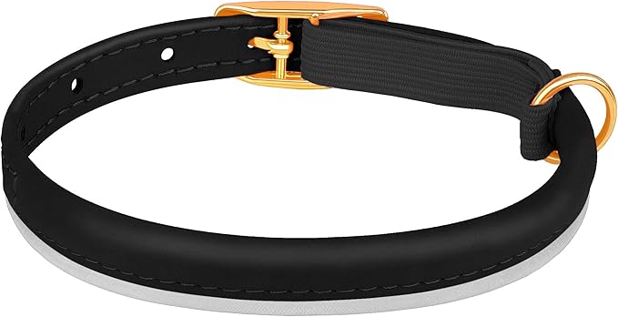 OOPSDOGGY Rolled Leather Cat Collar with Bell - Reflective Kitten Collar with Safety Elastic Strap - Adjustable Small Pet Collars for Boy Girl Cats (Black)