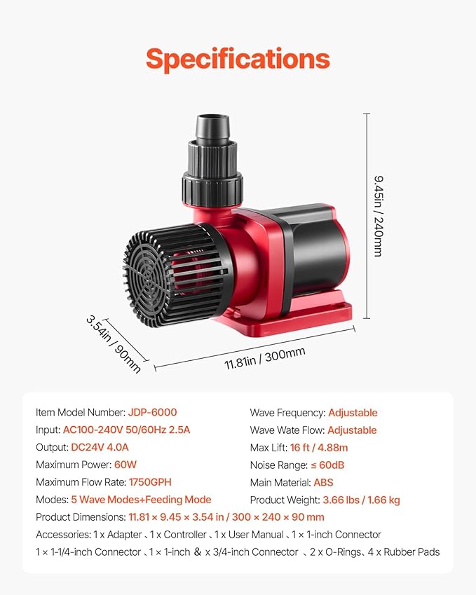 VEVOR Aquarium 24V DC Water Pump, 60W, 1750 GPH Marine Wavemaker Return Pump with Controller, Adjustable Flow, Feed Mode, 16 ft Maximum Lift, for Saltwater Freshwater Fish Tank Sump Pond Circulation