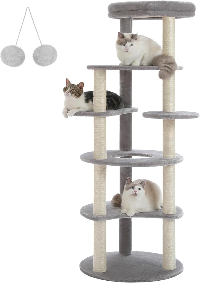 PETEPELA 61" Cat Tree for Indoor Cats, [6-Levels] Cat Climbing Tower with 9 Sisal Scratching Posts and Replaceable Dangling Ball &Top Perch, Grey