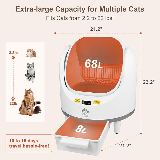 Self Cleaning Cat Litter Box, Automatic Cat Litter Box for Multiple Cats, Open-Top Design with Safety Protection, Smart Health Monitor, Smart App Control, Odor-Free