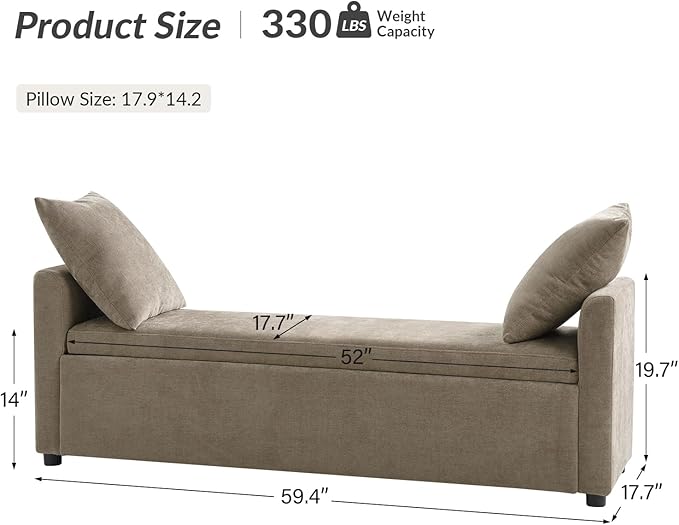HULALA HOME Modern Storage Bench with Throw Pillows, 59.4" Extra Long Bedroom Ottoman Bench for End of Bed, Comfy Upholstered Footstool for Entryway Dining Room Living Room, Brown
