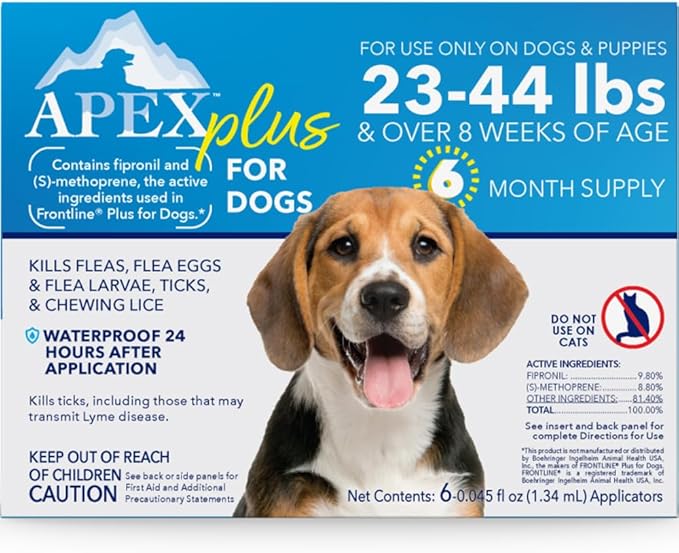 Apex Plus Flea and Tick Prevention for Dogs | Medium (23-44 lbs) | 6-Month Supply | Dog Flea and Tick Treatment | 24-Hour Activation, Waterproof, 30-Day Protection
