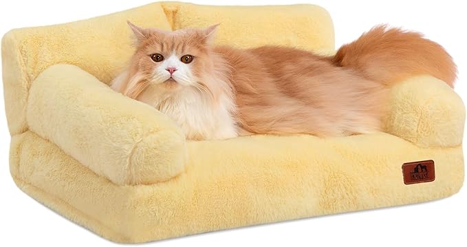 Hollypet Fluffy Plush Dog Cat Pet Couch Soft Calming Sofa Bed for Medium Small Cats and Dogs, Yellow