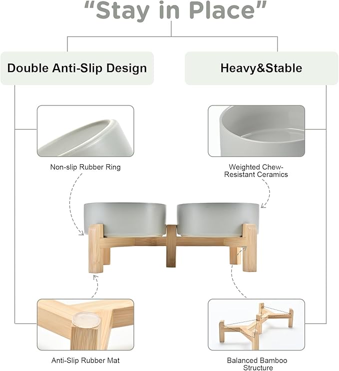 SPUNKYJUNKY Elevated Dog Bowls Ceramic, 5.1'' Dogs and Cat Food Water Bowls Raised with Non-Slip Bamboo Stand for Puppy Small Sized Breed Microwave Dishwasher Safe - 13.5 OZ,Grey