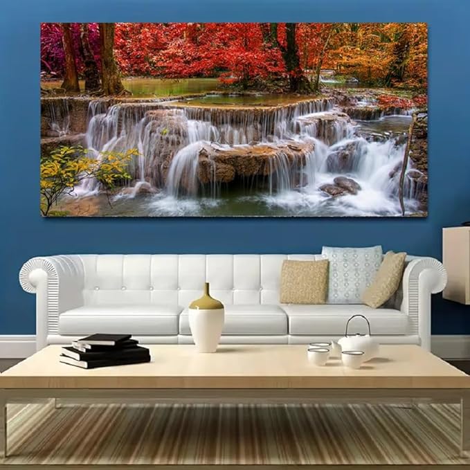 Yxbhhym Landscape Canvas Wall Art Waterfall Painting -Trees Forest Picture Prints-Fall Scenery Artwork Picture for Living Room Bedroom Home Office Wall Decor Framed -20x40inches