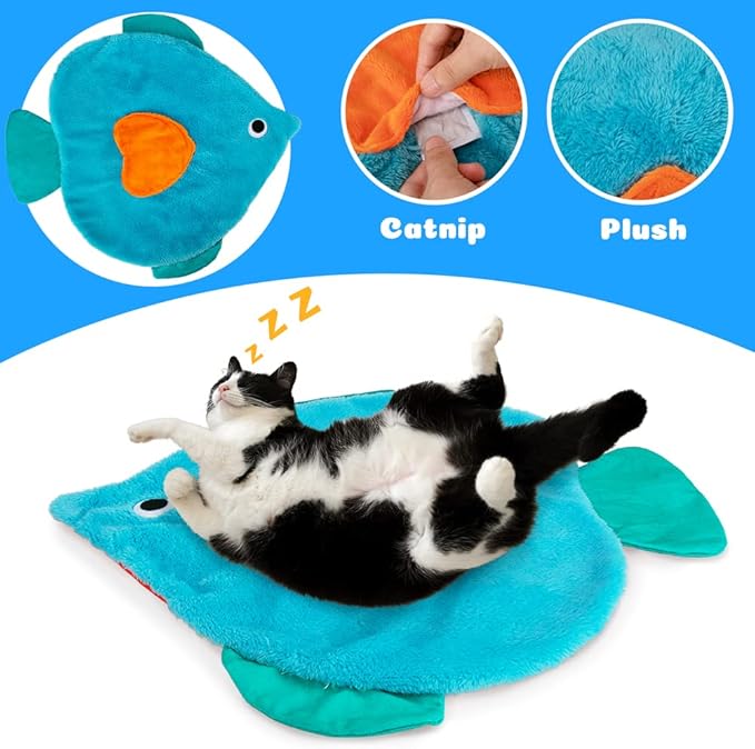 AWOOF Cat Mat, Cute Soft Catnip Mat, Cat Activity Mat Machine Washable Catnip Toys Interactive Cat Toys for Indoor Cats (Fish Shape)