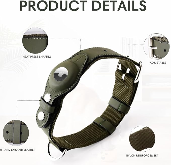 AirTag Dog Collar Soft Leather Webbing Dog Collar for AirTag Provides Double Protection for Small Medium and Large Dogs(Green,S)