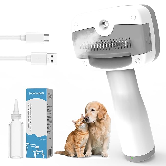 5 in 1 Pet Steam Brush for Dogs & Cats – Self Cleaning, 3 Pet Brush for Smoothing, Dematting, Thinning – Shedding, Grooming & Hair Removal, Includes Shampoo & Storage Case (7.3"-dematting)