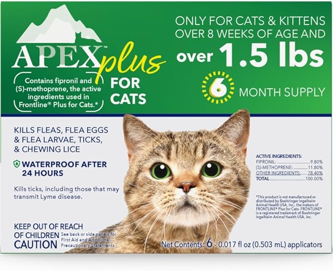Apex Plus Cat Flea and Tick Treatment | 6-Month Supply, Over 1.5 lbs | Flea Treatment for Cats & Kittens | 24-Hour Activation, Waterproof, 30-Day Protection