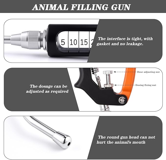 30ML Veterinary Metal Feeding Gun, Continuous Drench Gun Dosing Device Veterinary Adjustable Medicine Dispenser Husbandry Autonomous Feeding Tool, Pig Cattle, Sheep, Horse for Drench Gun