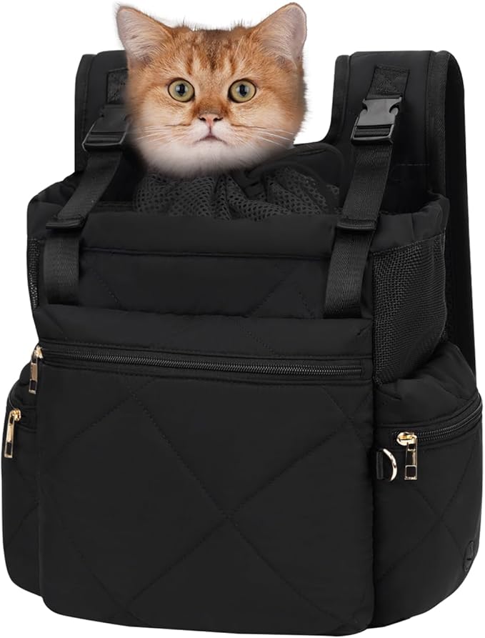 OFY Cat Carrier Puffy Backpack Breathable Small Dog Front Backpack Large Space for Small Dogs, Drawstring & Water-Resisant Pet Bag for Travel Hiking, Black Patent Pending