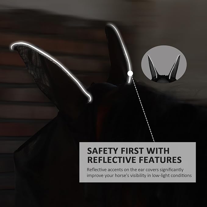 Horse Fly Mask Large Space Breathable UV Protection Equine Mask with Reflective Features on Ears Mars Black L