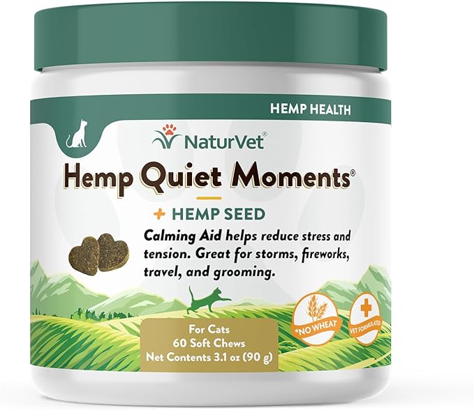 NaturVet Hemp Quiet Moments Plus Hemp Seed for Cats, 60 ct Soft Chews, Made in USA