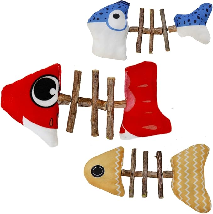 Catnip Toys Fish, Cat Chew Toy, Silvervine Sticks for Indoor Cats, Interactive Cat Kicker Nip Toys,Kitty Teeth Cleaning, Kitten Exercise (3 silvervine Fish)