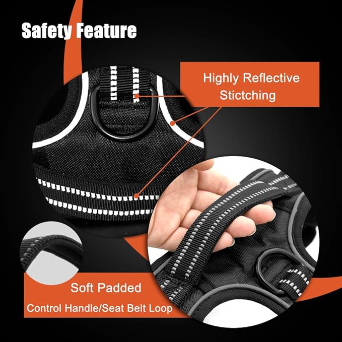 PHOEPET No Pull Dog Harness Medium Reflective Front Clip Puppy Vest with Handle,Adjustable 2 Metal Leash Attachment Hooks(M, Black)