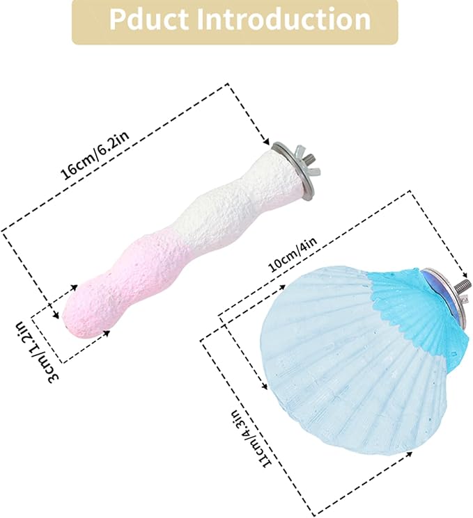 Bird Perches for Cage, Abrasive Surface High Calcium Mineral Parrot Perch Stand - Bird Nail File for Claw & Beak Health, Colorful Ceramic Bird Cage Accessories (Blue, Shell)