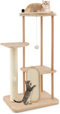Tangkula Wood Cat Tree for Indoor Cats, Multi-Level Modern Cat Tower with Sisal Scratching Board & Post, Padded Perch, Platform, Hanging Toy, Minimalist Kitten Activity Center for Small & Medium Cats