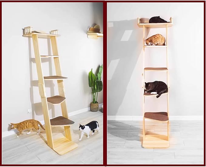 Modern 70“ Tall 6 Level Leaning Cat Climbing Ladder Tree Tower Condo with Large Perch Platform for Window Wall, Solid Wood Cat Furniture Shelves for Multiple Cats
