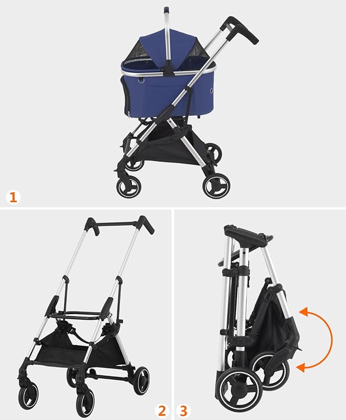 Pet Stroller with 4 Wheels for Small/Medium Pets, 3 in 1 Travel Foldable Detachable Carrier for Dog Cat Cage Jogger Stroller, Rear Wheel Breaks, Storage Basket, Car Seat (Navy Blue)