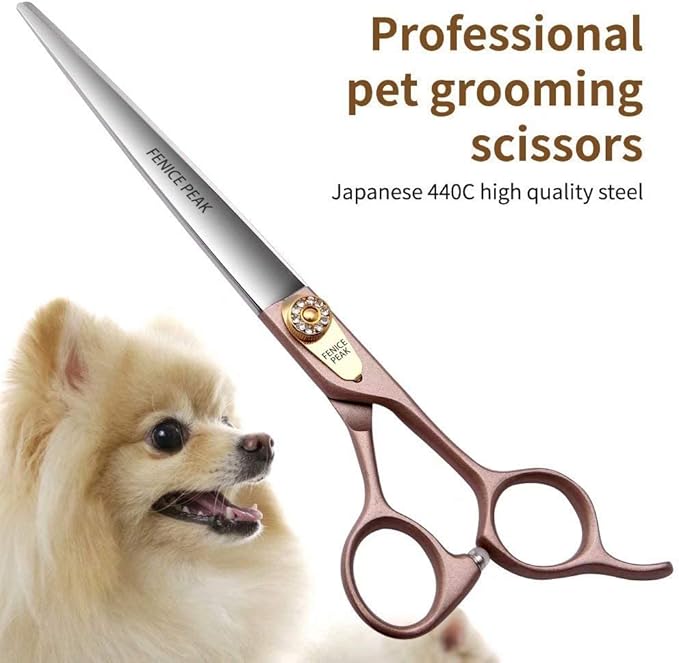Fenice Peak 7'' Dog Straight Scissors for Grooming 440C Stainless Steel Rose Gold Professional Pet Trimming Scissors Sharp Blades Cutting for Dogs and Cats Shears