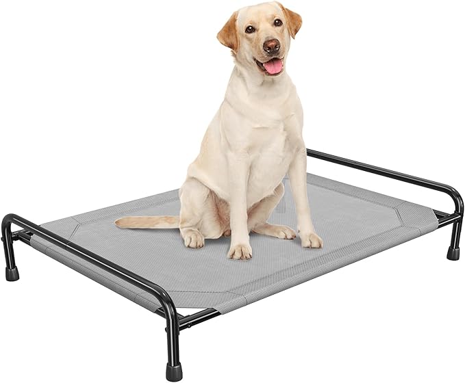 Raised Dog Bed, Outdoor Dog Bed for Dogs, Cooling Elevated Pet Cot, Durable and Sturdy Pet Bed, Waterproof Mesh Cover Raised Metal Frame, Non Slip, Grey
