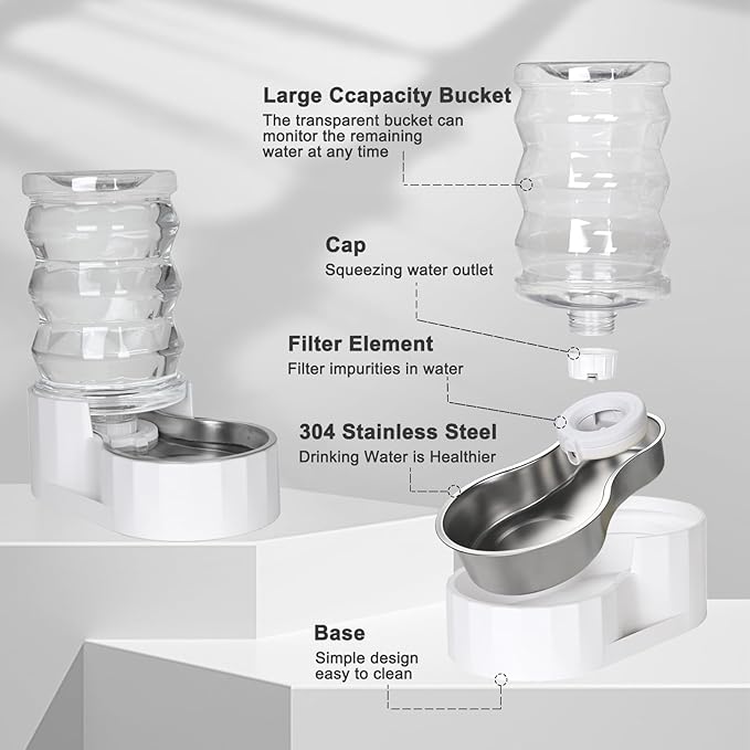 RIZZARI Automatic 7L Pet Waterer,Gravity Stainless Steel Water Dispenser, 100% BPA-Free, Large Capacity Water Feeder for Cats and Medium and Large-Sized Dogs (White,7L)
