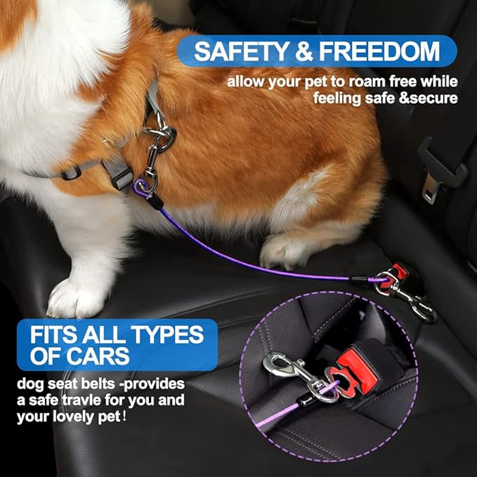 Dog Seat Belt Harness for Car,Dog Seatbelt of Coated Wire Leash Safety Restraint,No Chew Tether Cable Vehicle,Double Clips & Latch(Purple, 32 inch/80 CM)