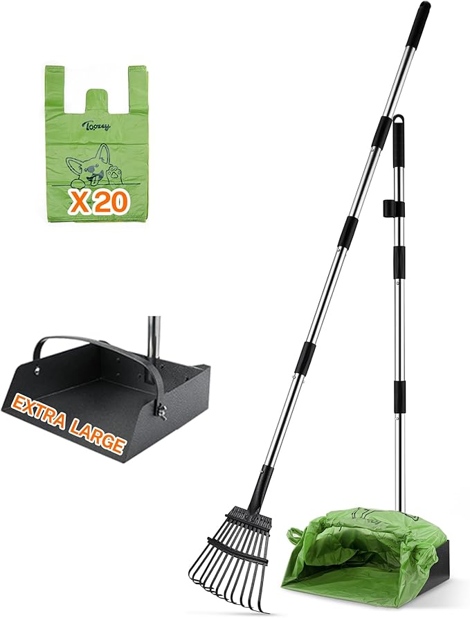 Toozey Dog Pooper Scooper, Extra Large Stainless Steel Tray Long 54" Handle, Easy Cleanup for All Dog Sizes, Includes 20 Bags