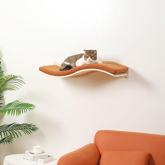 Cat Wall Shelves for Large Cats - Wall Mounted Furniture with Comfortable Cushion, Perfect Perch and Bed for Multi-Cat Households - 35 inch Wavy Shelf for Climbing, Playing, Resting, and Lounging