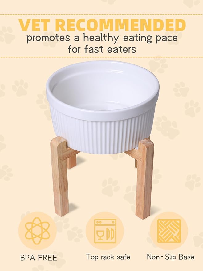 Large Dog Food Bowl, 65 oz Ceramic Bowls for Medium Breed, Pet Food Water Dish Heavy Wighted, Raised Dog Bowl with Wooden Stand, White