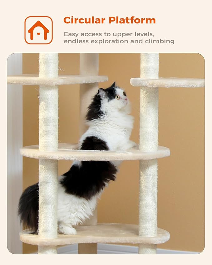 PETEPELA 61" Cat Tree for Indoor Cats, [6-Levels] Cat Climbing Tower with 9 Sisal Scratching Posts and Replaceable Dangling Ball &Top Perch, Beige