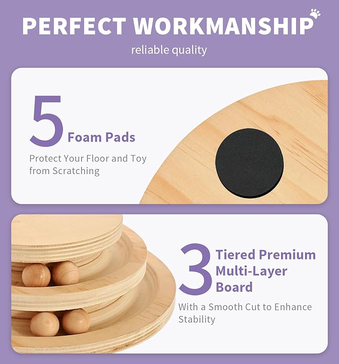 Made4Pets Cat Scratching Post Cat Scratcher Kitten Toys for Indoor Cats Wooden Ball Track Two-Layer Modern Sisal 17.7" Tall Scratch Post Interactive Toy with Dangling Ball