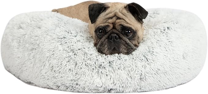 Best Pet Supplies Round Donut Dog Bed with Plush Faux Fur Fabric, Calming, Anti-Anxiety Cushion for Indoor Pets, Slip-Resistant Base, Soft Ergonomic Support - Light Warm Gray, 20x20x6''