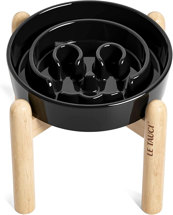 LE TAUCI Ceramic Slow Feeder Dog Bowls Elevated, 1.5 Cups Raised Dog Food Bowl with Wooden Stand for Small Medium Breed, Pet Dishes to Slow Down Eating, Skull Black