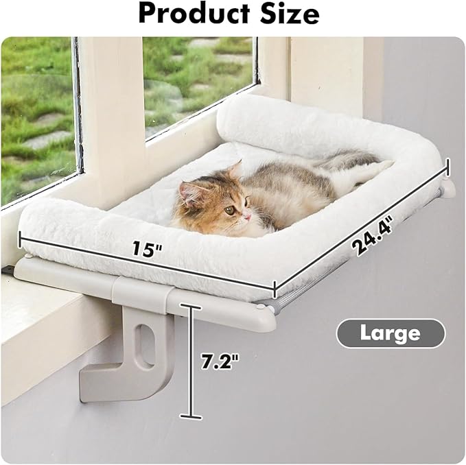 Cat Window Sill Perch with Large Bolster, Easy to Adjust & Assemble Cat Window Seat for Windowsill & Bedside, Pet Hammock Bed for Large Cats and Kittens (White, L)