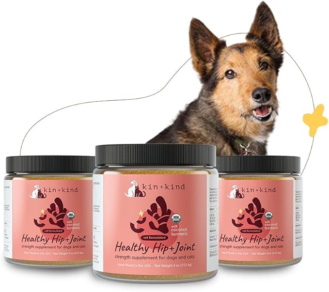 kin+kind Hip+Joint Supplement Dogs & Cats - Vet Formulated Natural Formula with Organic Turmeric, Black Pepper and Coconut- Made in USA - Bundle (3 x 4 oz)