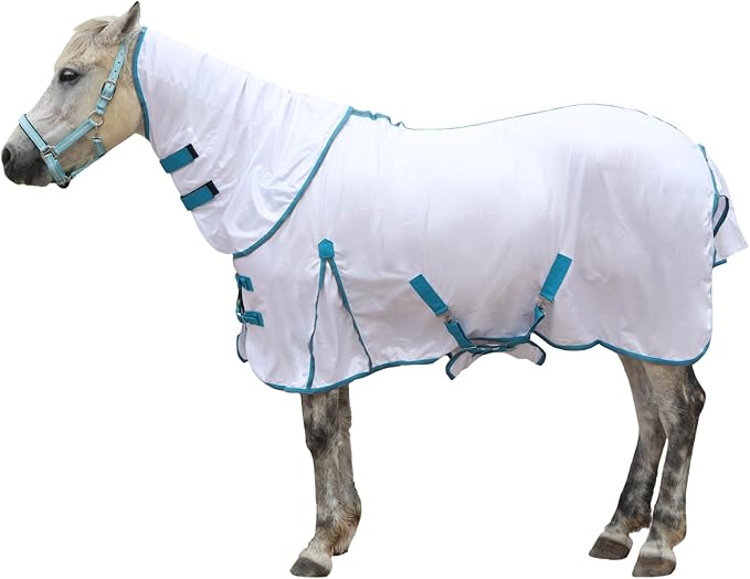 Horse Fly Sheet with Detachable Neck Cover & Belly Wrap, Adjustable Fly Sheet for Horses, Ventilated Airflow Mesh Equine Cooling Summer Flysheet White 66