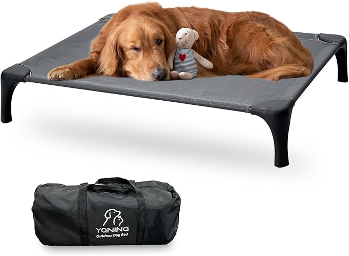 Outdoor Elevated Bed for Large Medium Dogs, Easy to Assemble With Portable Bag, Raised Cot With Pet-Friendly Feet, Breathable Mesh for Camping or Travel, Dark Grey