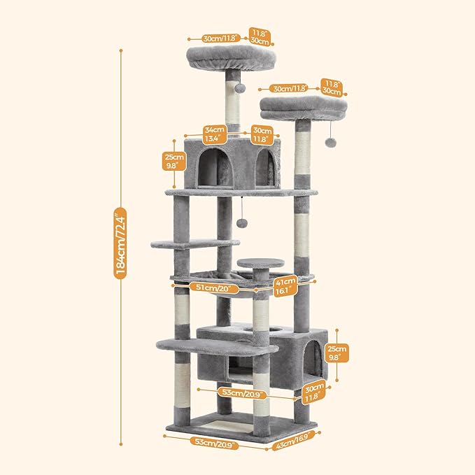 PAWZ Road Large 72 Inch Cat Tree and Tower for Indoor Cats - With Sisal-Covered Scratching Posts, Padded Perches, Condos, and Basket - Gray