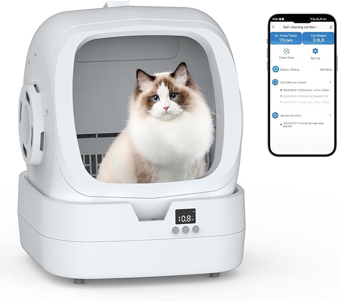 Automatic Cat Litter Box Self Cleaning - APP Control and Weight Monitoring - Ultra-Quiet, Suitable for Medium Cats and Kittens, Safe Anti-Pinch Litter Box (Assembly Required) -White