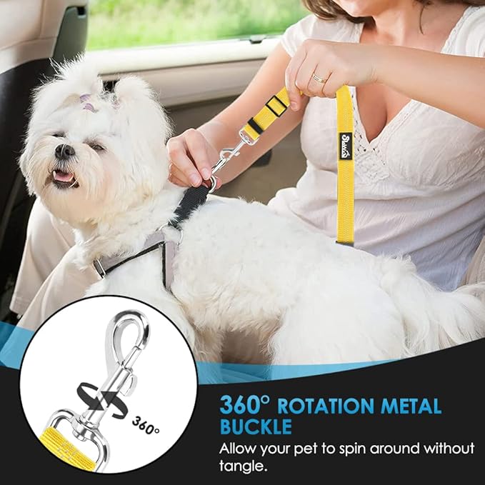 SlowTon Dog Seat Belt for Car, 2 Pack Dog Car Harness Seatbelt Adjustable with Elastic Bungee Buffer, 2 in 1 Pet Car Leash Headrest Restraint Dog Reflective Safety Tether (Yellow, Headrest+Clip)