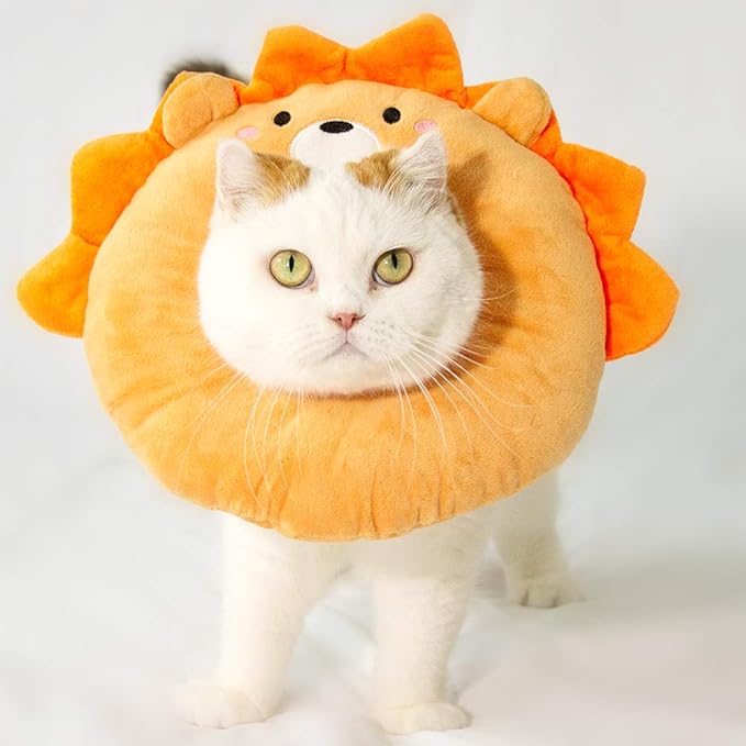Adjustable Cat Recovery Collar Soft,Cute Pet E-Collar Neck Cone After Surgery Wound Healing Protective Cone Fit for Kitties, Small Dogs(ELC05-lion-s)