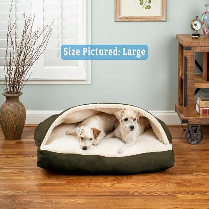 Snoozer Rectangle Cozy Cave Dog Bed - Indoor Dog Bed with Cover Cave, Covered Calming Burrow for Small & Medium Sized Pets with Blanket Attached, Enclosed, Washable - Medium, Olive